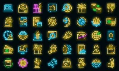 Product manager icons set. Outline set of product manager vector icons neon color on black