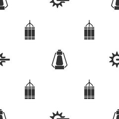 Canvas Print - Set Spur, Camping lantern and Dynamite bomb on seamless pattern. Vector