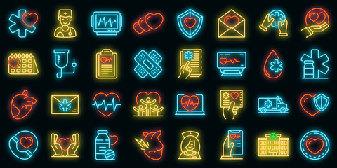 Wall Mural - Cardiologist icons set. Outline set of Cardiologist vector icons neon color on black