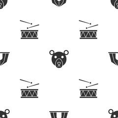 Poster - Set Circus tent, Bear head and Drum with drum sticks on seamless pattern. Vector