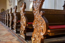 Rows Of Empty Pews Inside Church Or Cathedral. Prayer And Worship Concept.