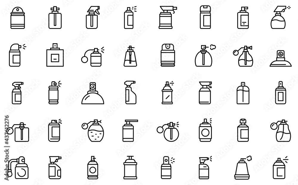 Spray bottle icons set. Outline set of spray bottle vector icons for ...