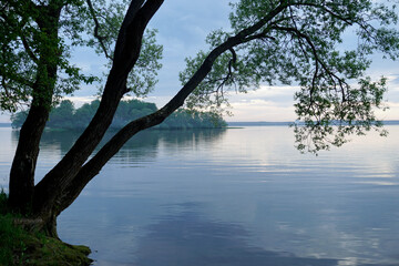  Sunset over the lake on a warm summer day. June sky and beautiful clouds. Horizon and reflection. The smooth surface of the water.