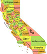 Pastel vector map of the Federal State of California, USA with black borders and names of its counties