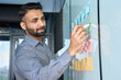 © insta_photos - Young indian latin executive manager businessman ceo writing his strategy ideas on sticky notes on whiteboard managing professional organization business plan project presentation in corporate office.