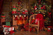 Festive Interior Inside Wooden House, New Year's Cheerful Mood Spirit Of Christmas