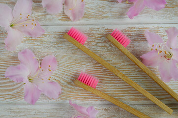  eco-friendly bamboo toothbrushes and azalea flowers, natural personal care products zero waste