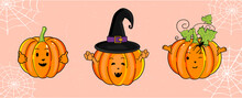 Set Of Three Pumpkins For Halloween. The Main Symb Of The Happy Halloween Holiday. Orange Pumpkin With Smile. Vector Illustration. 