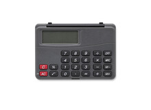 Top View Closed Up Pocket Calculator Isolated And White Background With Clipping Path