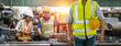 © eakgrungenerd - Man engineering wearing uniform safety in factory with blurred  background team worker at industry. foreman manufacturing professional workshop.