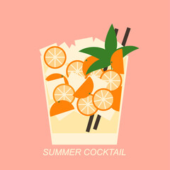 Wall Mural - Summer cocktail in short glass with kumquat, mint and 2 straws. Refreshing tropical beverage. Bar summer menu. Colorful vector illustration of summer soft drink with ice and fruits 