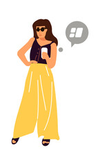 Poster - Woman with smartphone. Cartoon female standing and holding device. Trendy girl with phone. Cute person walking and online chatting. Vector character in casual clothing and speech bubble
