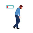 Tired man with lack of energy. Low battery male concept vector illustration on white background.