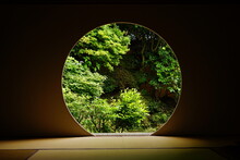 Looking At Japanese Garden Thru Round Window In Japanese Architecture - 丸窓から覗く日本庭園