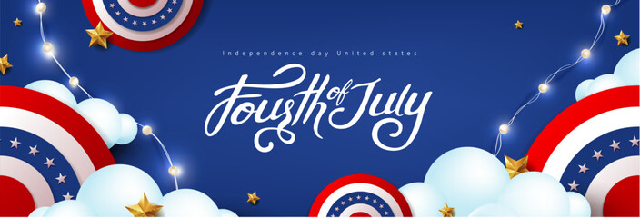 Wall Mural - Independence day USA celebration banner with festive decoration american on cloud sky. 4th of July poster template. 