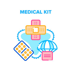 Canvas Print - Medical Kit Box Delivery Vector Icon Concept. Medical Kit With Drugs Package And Patch For First Aid. Delivering Medicine Equipment And Medicaments Pills Container By Parachute Color Illustration