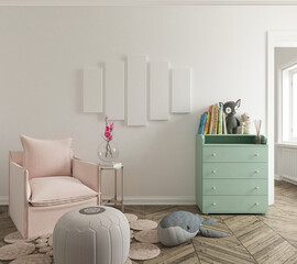 mockup poster  in cute kids bedroom. 3D Rendering