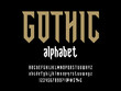 Modern gothic style alphabet design with uppercase, lowercase, numbers and symbols