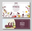 Set of promo banners for Healthy lifestyle, natural food, motivation, sport equipment, fitness training, sportswear, workout. Vector illustration for poster, banner, flyer, special offer, advertising.