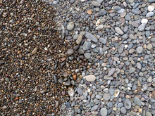 The Texture Of Dark And Light Colored Dry And Wet Sea Pebbles From The Coast In Full Screen. Large And Small Smooth Stones. The Concept Of The Background Is About A Summer Vacation.