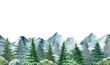 Mountain landscape seamless border. Watercolor illustration. Hand drawn realistic wild nature pine, mountain scene border. Green forest endless element. Northern nature border on white background
