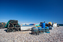 Crab And Lobster Fishing Pots On East Devon Pebble Beach 