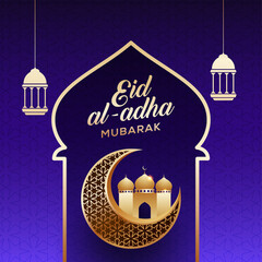 Wall Mural - Eid al-adha Mubarak - Traditional Muslim greeting. Festive hanging arabic lamps and mosque on moon - Translation: Eid al-adha