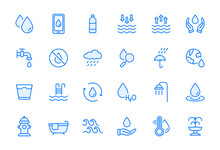Water Line Icon Set. Drop Water Thin Linear Icon. Mineral Water, Low And High Tide, Shower, Plastic Bottle And Glass Outline Pictogram. Fire Hydrant And Fountain. Editable Stroke. Vector Illustration