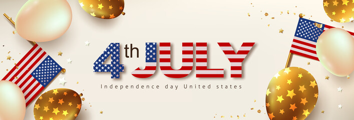 Independence day USA celebration banner with balloons and Flag of the United States. 4th of July poster template. 