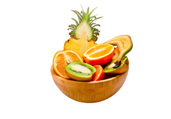 Wall Mural - Fresh exotic fruits in a wooden bowl on a white isolated background. Healthy food concept.