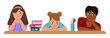 Schoolgirls are bored at the desk. Afro-Amerecan schoolgirl and white girls sit at the table in class and fight boredom. Boring lesson. Vector illustration in flat cartoon style. Back to school
