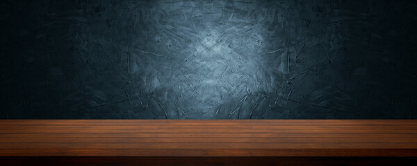 wood table to present and show product on soft blue and navy cement and concreate background