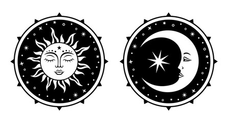 Wall Mural - Sun and moon symbol. Celestial silhouette design. Esoteric astrology signs. Vector boho illustration. Monochrome print.