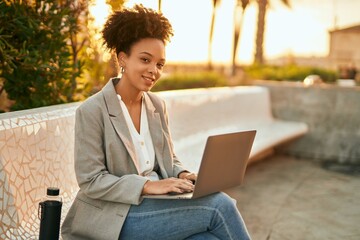 Canvas Print - Young african american businesswoman working using laptop sitting on the bench at park.