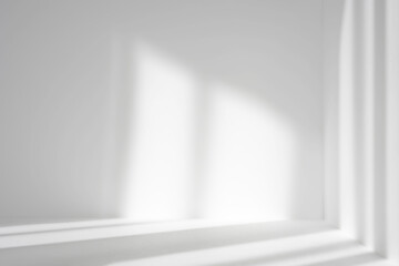 Empty white corner. Abstract studio background for product presentation. 3d room with shadows of window. Minimalistic space concept with blurred backdrop.