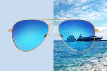 Sticker - aviator sunglasses isolated on blue and summer background with boats on the sea and blue sky, concept of polarized protective lenses