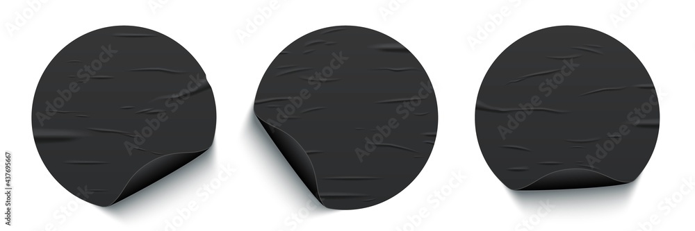 Glued round black stickers with curled edges set isolated on white ...
