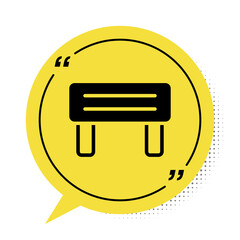 Sticker - Black Sauna wood bench icon isolated on white background. Yellow speech bubble symbol. Vector