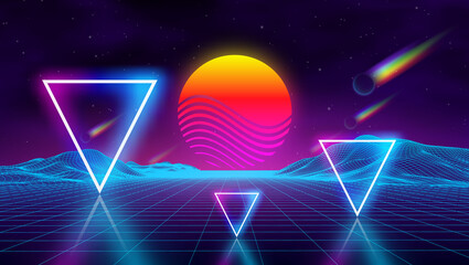 Wall Mural - synth wave retro city landscape background sunset 3d landscape with rainbow comets. futuristic lands