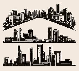vintage monochrome set of modern cityscapes