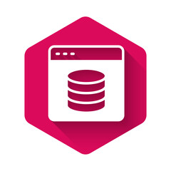 White Server, Data, Web Hosting icon isolated with long shadow background. Pink hexagon button. Vector