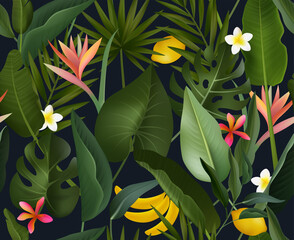 Wall Mural - Realistic seamless pattern with tropical leaves and fruits. Vector seamless illustration 