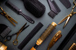 © petrrgoskov - Various hair dresser and cut tools on black background with copy space