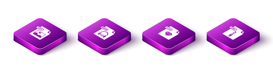 Set Isometric TIFF file document, MP3, RUBY and ZIP icon. Vector