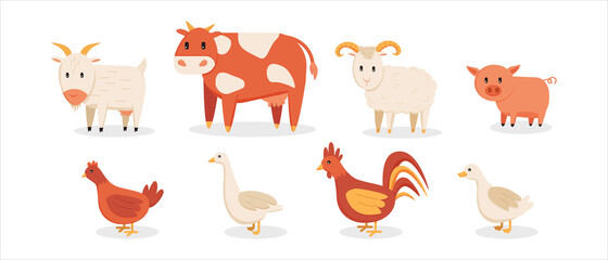  Set of pets,farm animals and birds.Farm cattle and poultry. Cow, chicken and ram. Vector. Isolated on white background.