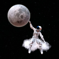 Wall Mural - astronaut sitting on a cloud touches the moon with his hand, 3d illustration