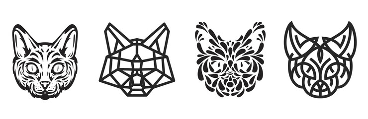 Wall Mural - Collection silhouettes of cat head in monochrome different styles isolated on white background. Modern graphic design element for label, print or poster. Vector art illustration.