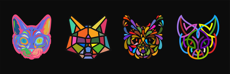 Collection silhouettes of cat head in color different styles isolated on black background. Modern graphic design element for label, print or poster. Vector pop art illustration.