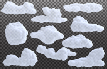 Wall Mural - Collection realistic white cloud isolated on transparent background. Bright design element. Vector illustration.