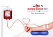 © Adisak - Blood donation concept with blood bag, hand and heart medical sign. Give blood save life, World blood donor day-June 14. 3D Vector EPS10 illustration.